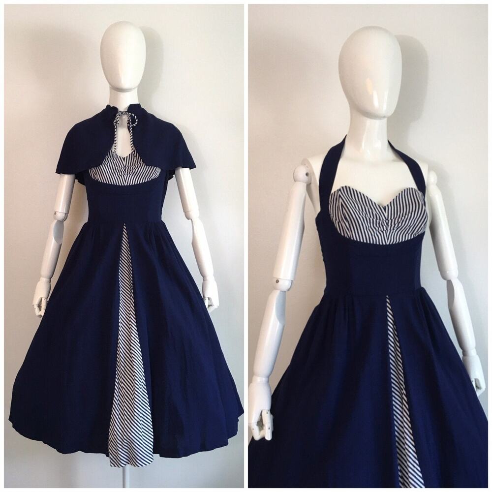 1950s Vintage Navy Blue Linen Halter Dress Cape Set | Small